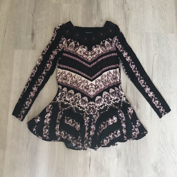 Free People Black Geometric Mini Dress Long Sleeve Open Back, XS, Festival Dress - Picture 4 of 13